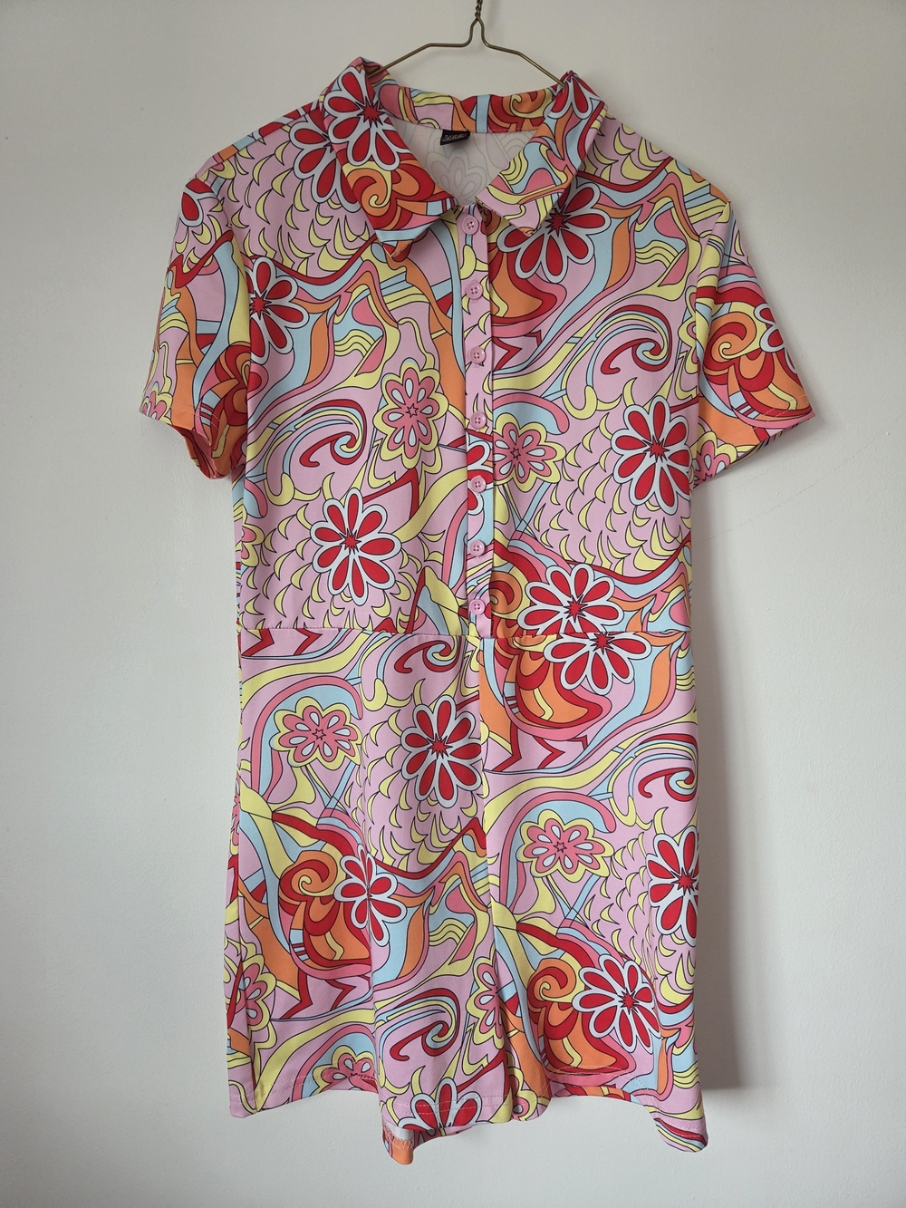 Pink Floral Retro Print Short Sleeve Jumpsuit